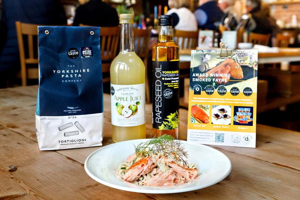 Local produce and cooked salmon dish in the Cook's Place cookery school in Malton